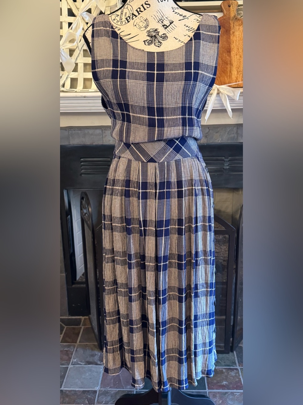 VTG Fenwick Blue Plaid Pleated Maxi Skirt Dress Sleeveless Vintage Midi Dress 12